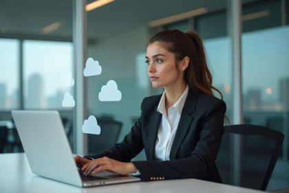 Jeune femme en costume d'affaires regardant des icônes nuage