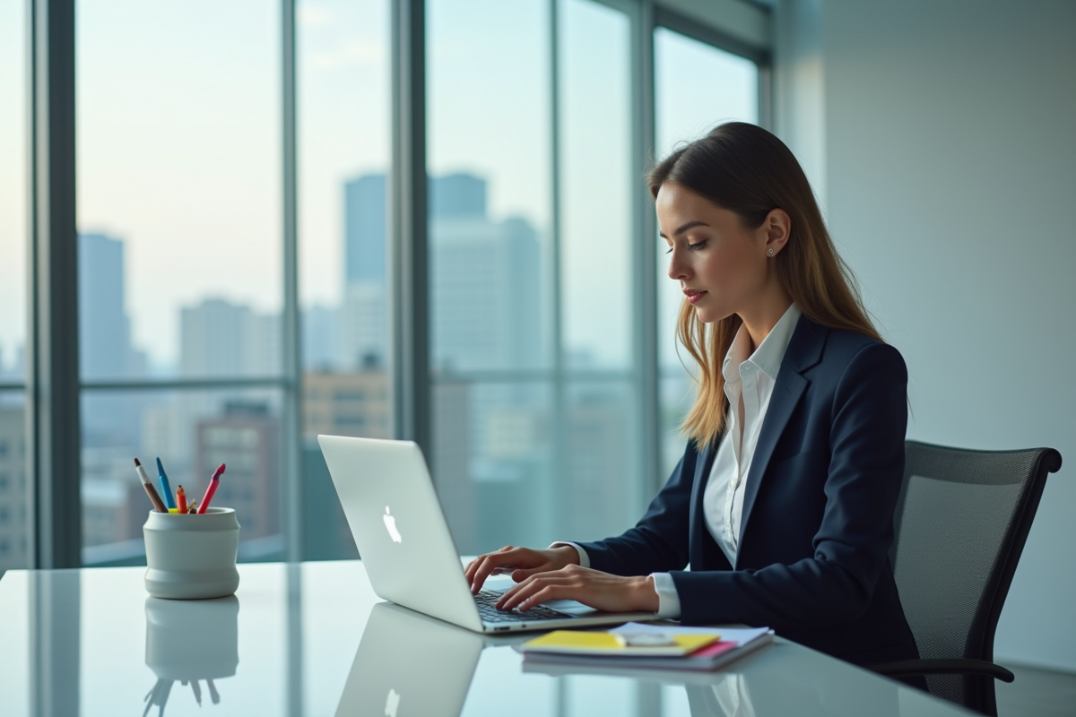 Femme concentrée analysant des données dans un bureau lumineux