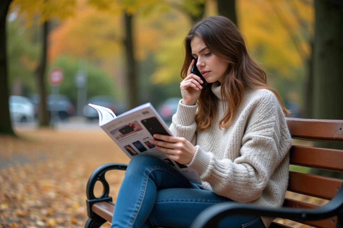 Jeune femme assise dans un parc automnal avec smartphone