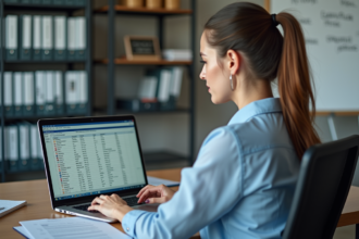 Femme au bureau travaillant sur une table Access
