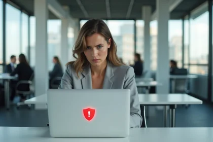 Femme professionnelle regardant un avertissement de sécurité d'URL masquée sur son écran d'ordinateur portable au bureau