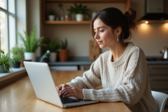 Femme assise à une table de cuisine moderne utilisant un ordinateur