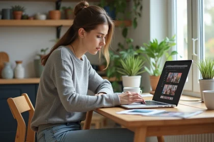 Femme détendue travaillant sur son ordinateur dans une cuisine lumineuse