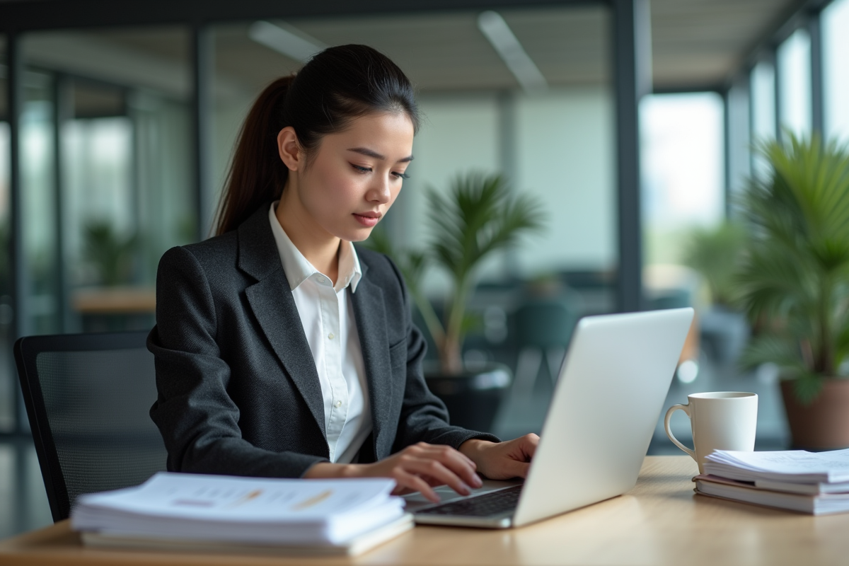 Jeune femme professionnelle analysant des données sur un ordinateur