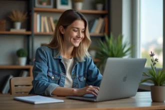 Femme en bureau moderne regardant un ordinateur portable