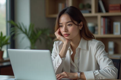 Jeune femme professionnelle travaillant sur son ordinateur dans un bureau moderne
