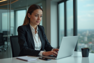 Femme en tenue professionnelle dans un bureau moderne