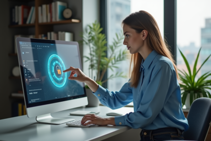 Jeune femme au bureau cliquant sur un fichier sécurisé