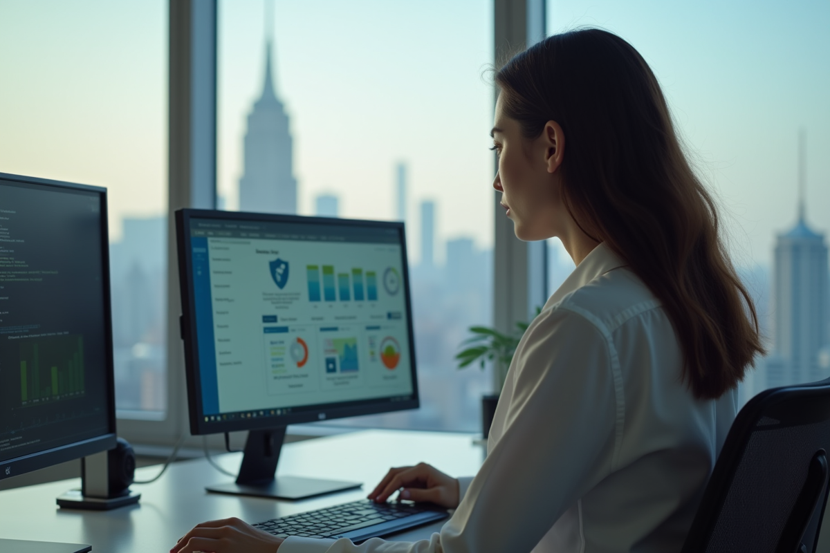 Jeune femme concentrée sur un écran antivirus Windows 11 dans un bureau lumineux