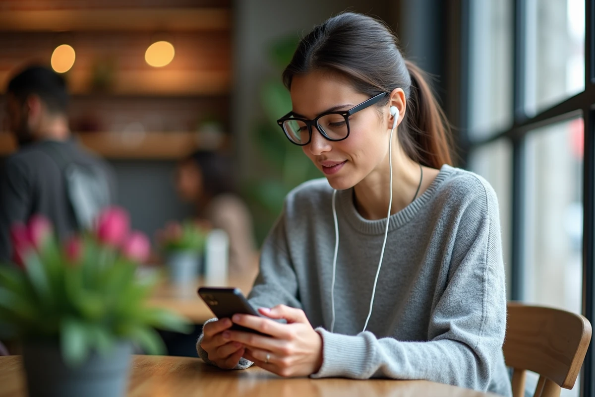 Femme utilisant son smartphone dans un café pour un téléchargement MP3 lent