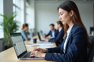 Femme utilisant Excel pour calculer une moyenne avec une formule dans une feuille de calcul professionnelle