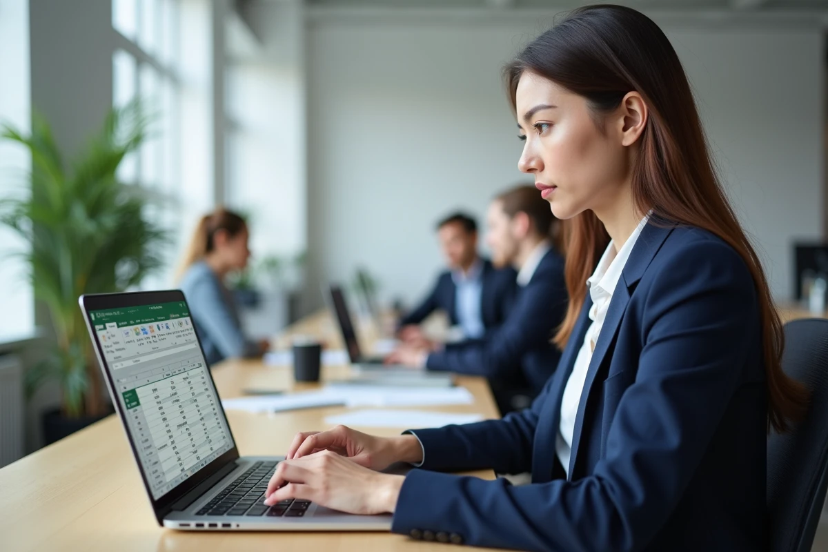 Femme utilisant Excel pour calculer une moyenne avec une formule dans une feuille de calcul professionnelle