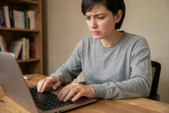 Femme cherchant la touche Shift sur le clavier d'un ordinateur portable posé sur un bureau en bois