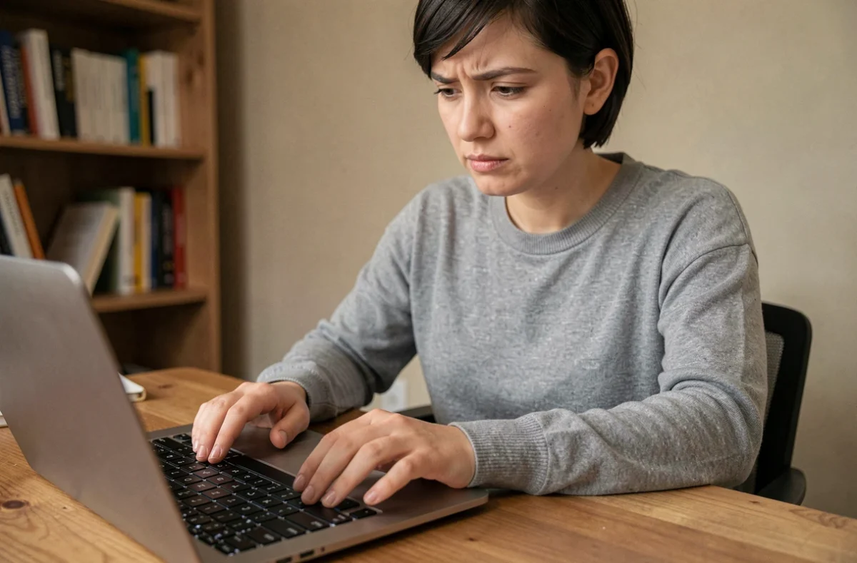 Femme cherchant la touche Shift sur le clavier d'un ordinateur portable posé sur un bureau en bois