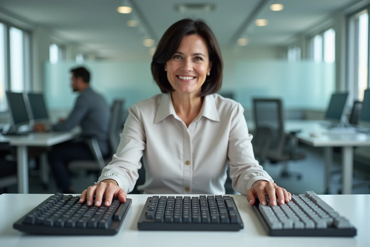 Femme comparant trois claviers AZERTY QWERTY et QWERTZ au bureau