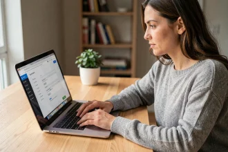 Femme configurant l'extension LanguageTool sur son navigateur depuis un bureau à domicile