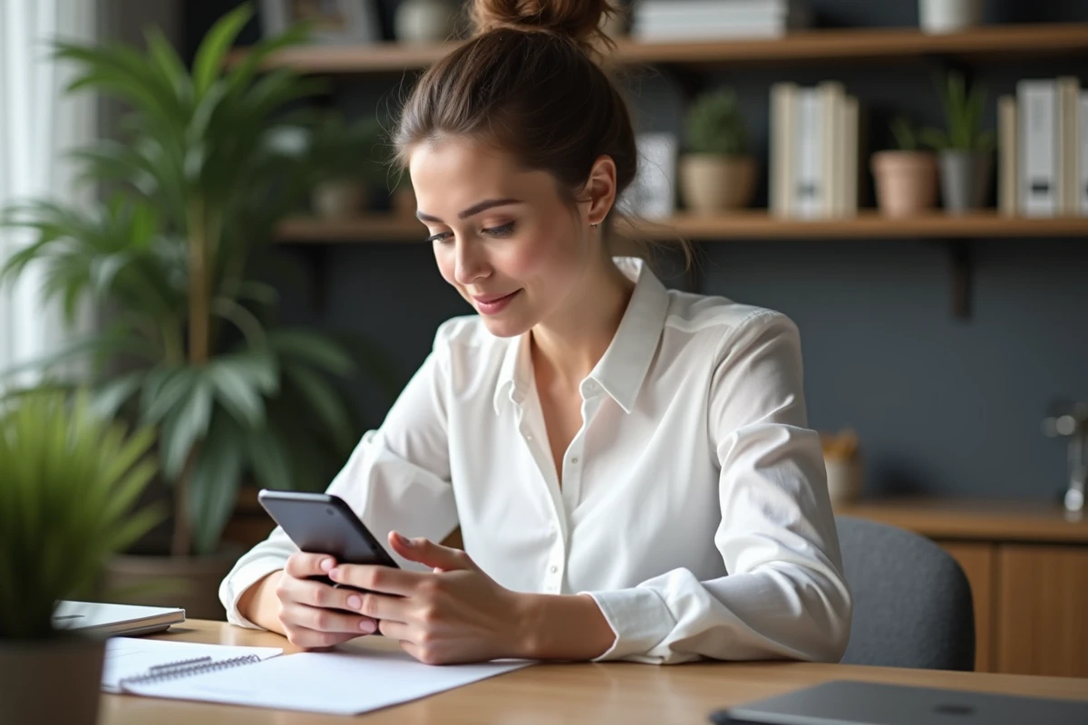 Femme en bureau moderne configure son webmail sur smartphone