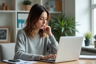 Femme utilisant un correcteur orthographique en ligne sur son ordinateur portable dans un bureau à domicile