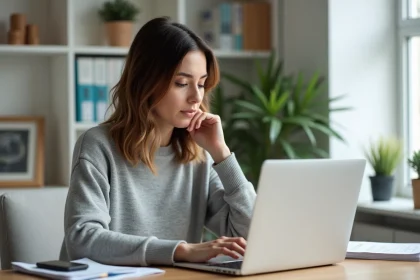 Femme utilisant un correcteur orthographique en ligne sur son ordinateur portable dans un bureau à domicile