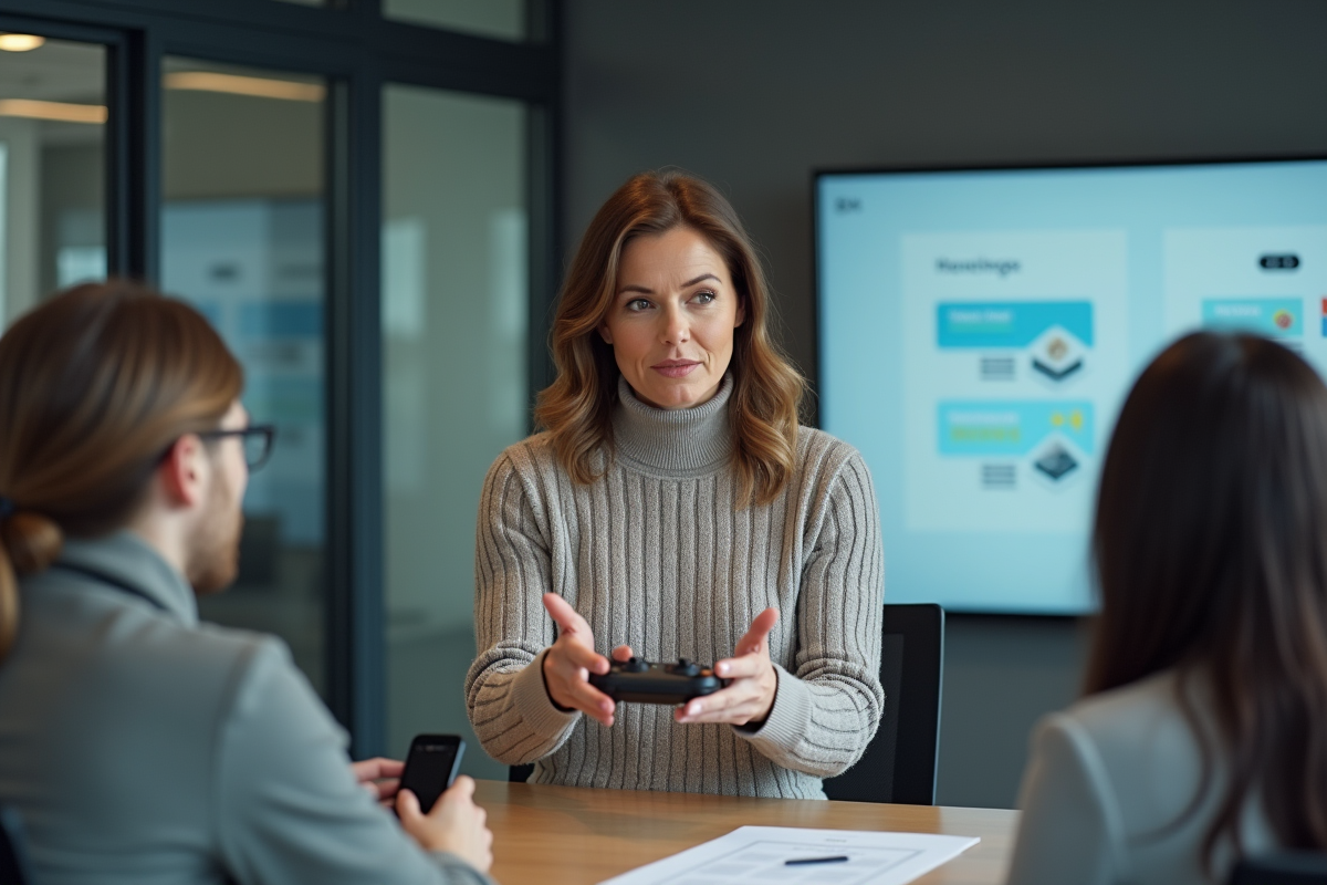 Femme en réunion expliquant un contrôleur sans fil