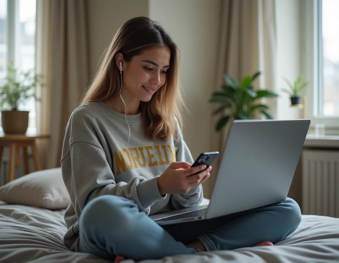 Jeune femme explorant un serveur Discord communautaire GTA RP francophone depuis son lit avec laptop et smartphone