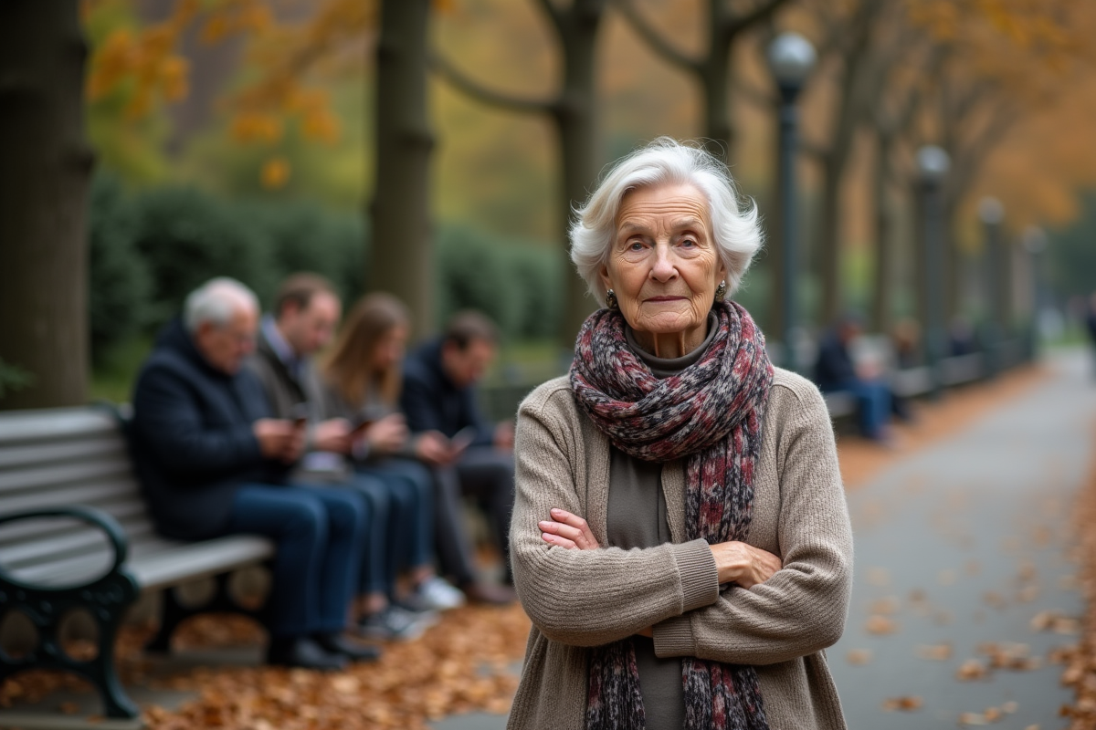 Femme âgée dans un parc automnal observant des jeunes avec des tablettes