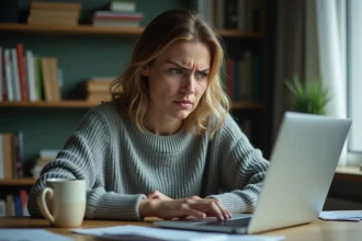 Femme frustrée devant un clavier d'ordinateur portable inversé dans un bureau à domicile