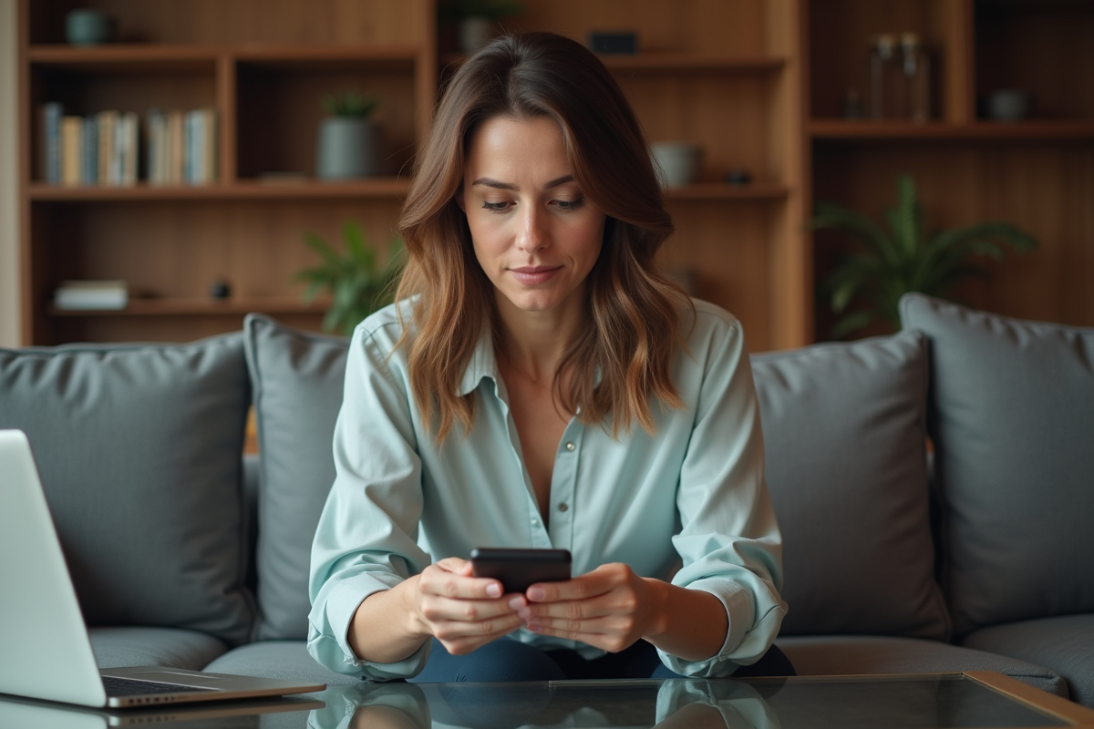 Femme examinant un portefeuille bitcoin matériel dans un salon moderne