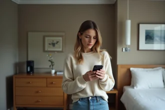 Jeune femme dans un hôtel examine son smartphone