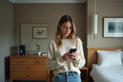 Jeune femme dans un hôtel examine son smartphone