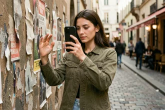 Femme photographiant avec un iPhone dans une rue pavée européenne, comparatif meilleur iPhone rapport qualité prix photo 2026