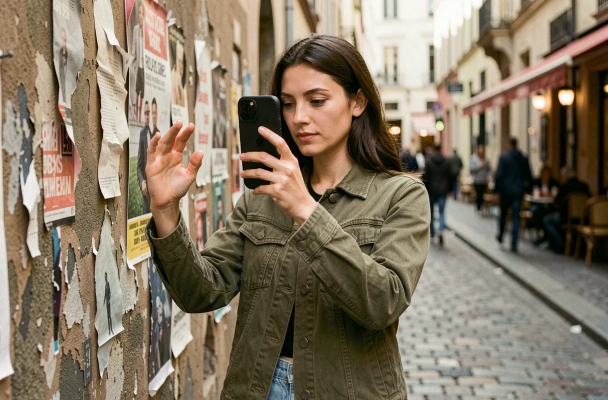 Femme photographiant avec un iPhone dans une rue pavée européenne, comparatif meilleur iPhone rapport qualité prix photo 2026