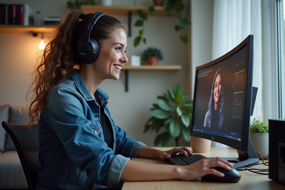 Femme jouant à un jeu vidéo sur un moniteur haute résolution