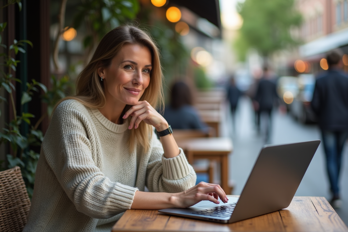 Femme marketeuse travaillant sur son ordinateur en extérieur