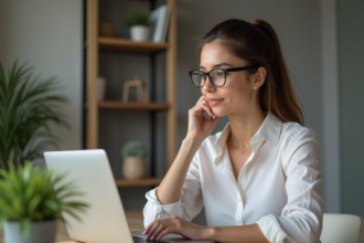 Jeune femme compare options d'abonnement sur son ordinateur