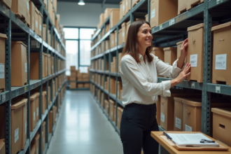 Femme en entreprise organisant des boîtes dans un bureau moderne
