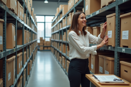 Femme en entreprise organisant des boîtes dans un bureau moderne