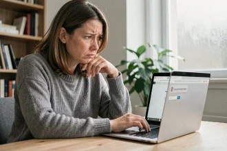Femme frustrée devant un ordinateur portable affichant une erreur de connexion à sa messagerie Caen mail