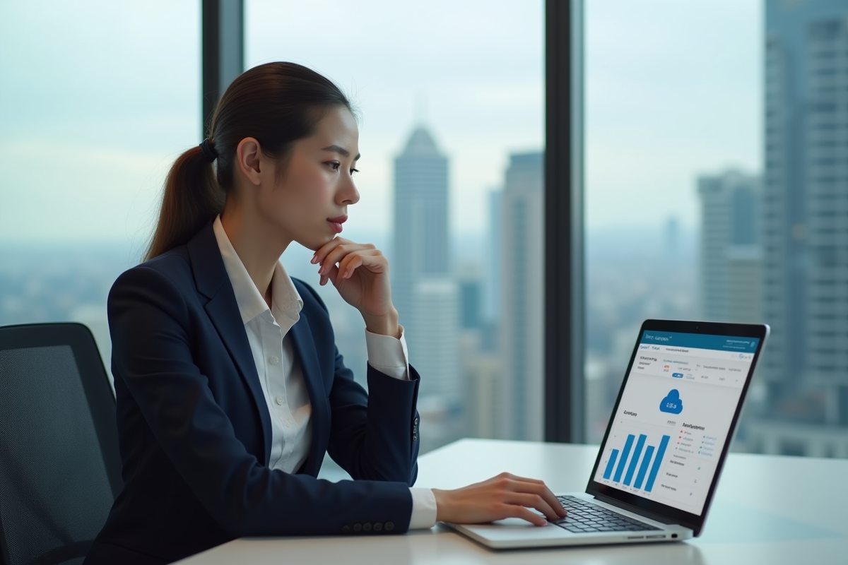 Jeune femme d affaires regardant un ordinateur portable