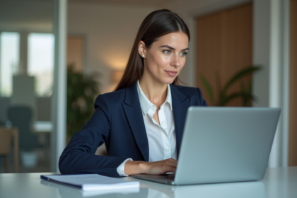 Femme en blazer bleu vérifiant le VPN au bureau