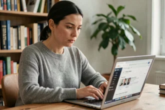 Femme utilisant un moteur de recherche faciale sur ordinateur portable pour vérifier sa présence en ligne et protéger sa vie privée