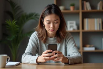 Femme tenant un Samsung Galaxy A35 5G et l'examinant attentivement dans un bureau à domicile moderne