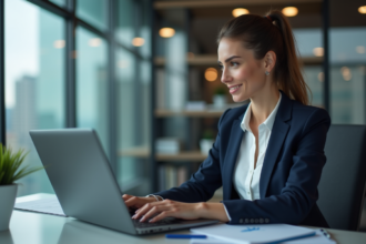 Femme d'affaires analysant des données SEO dans un bureau moderne