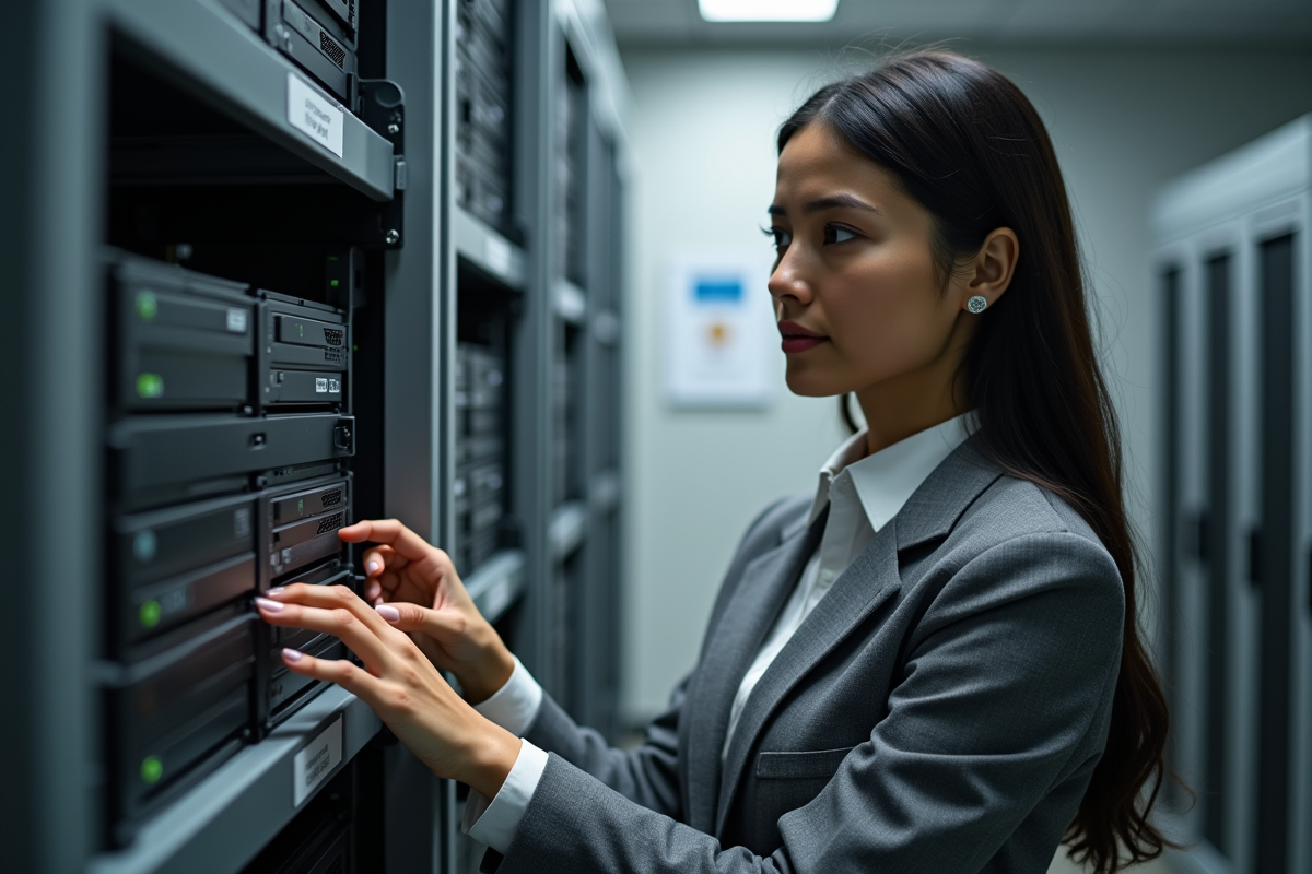 Jeune femme vérifiant des disques durs dans un serveur professionnel