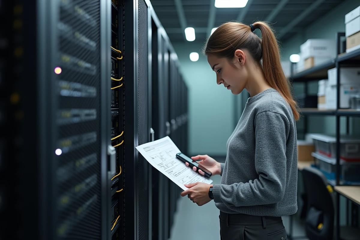 Femme examinant un diagramme réseau dans un bureau informatique