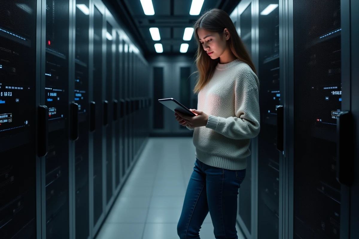 Jeune femme vérifiant tableau de bord dans salle serveurs