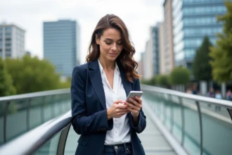 Femme utilisant son smartphone sur un pont urbain à Aix Mille