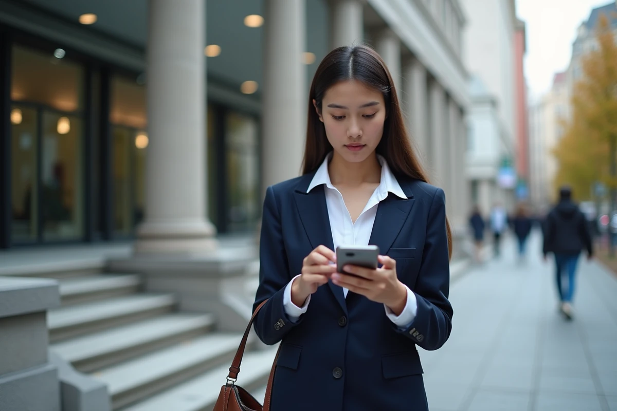 Femme daffaire dans une rue devant un bureau moderne