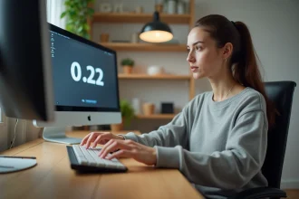 Jeune femme tapant rapidement sur un clavier mécanique lors d'un test de vitesse de frappe sur PC de bureau