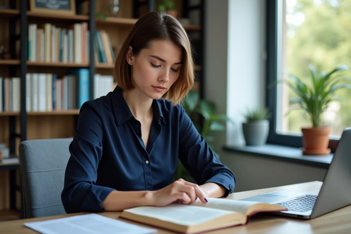 Femme comparant des traductions dans un bureau moderne
